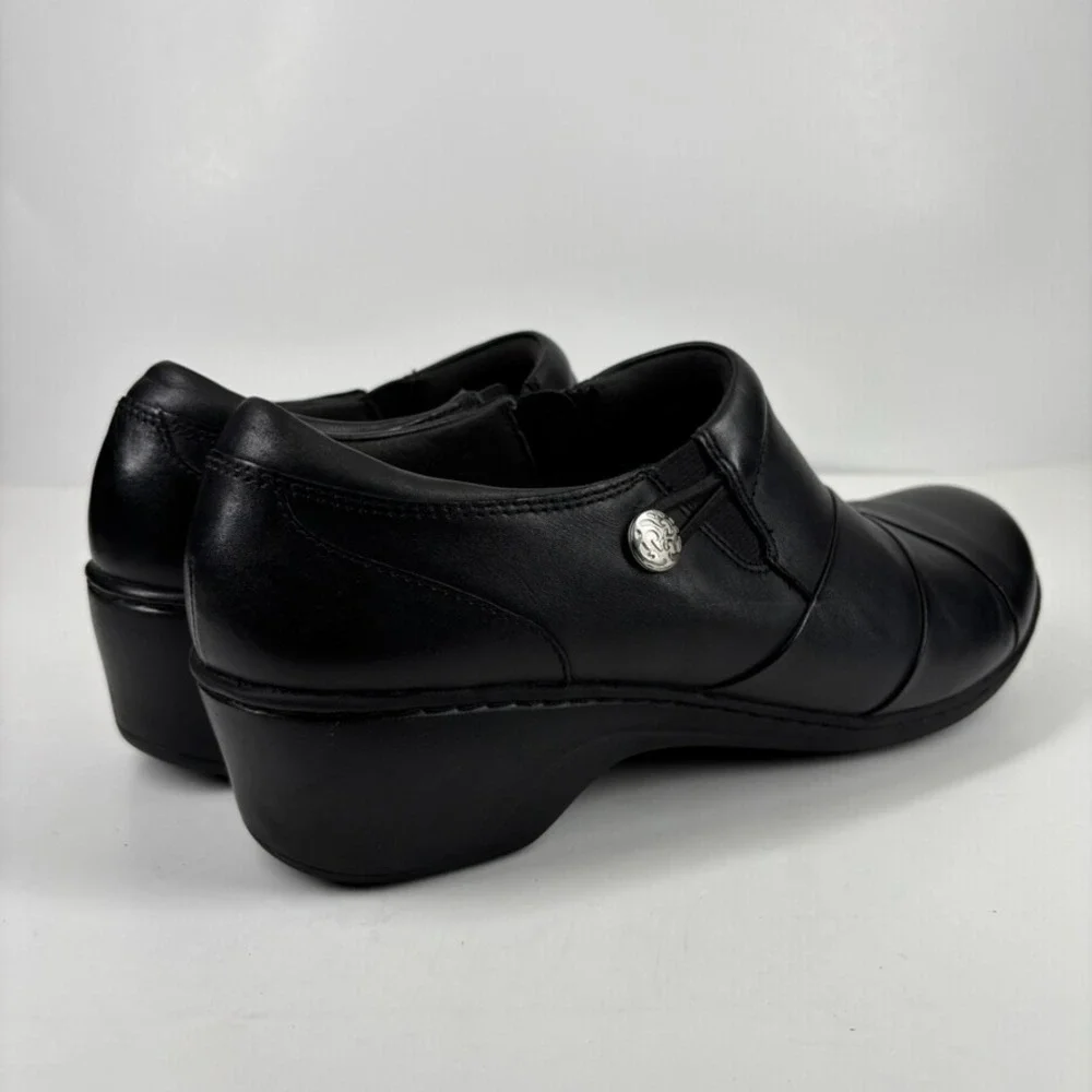 Clarks Channing Ann Women's US 11W Black Leather Comfort‎ Slip-On Wedge Loafers